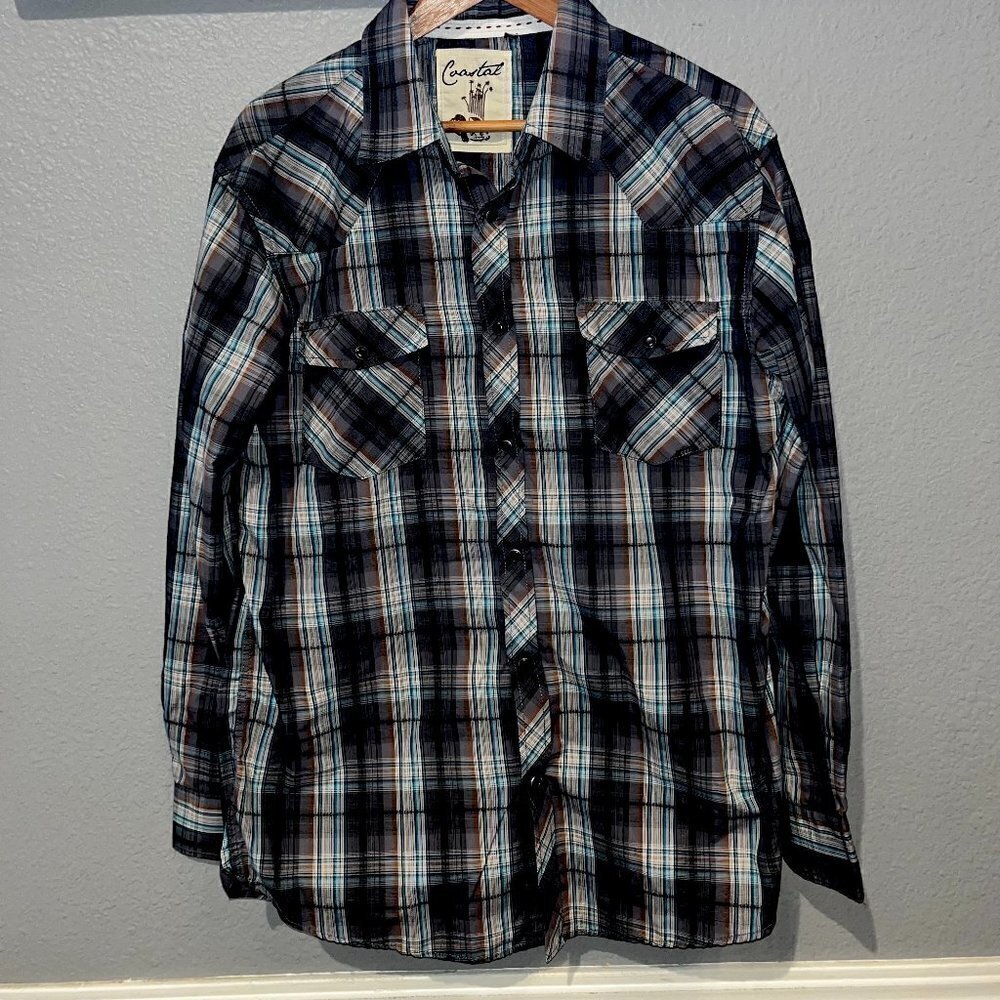 COASTAL Men's Plaid Western Rodeo Ranch Black Pearl Snap Front Shirt - EUC - XL